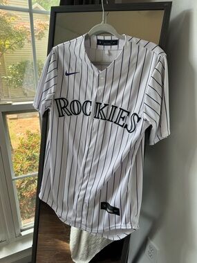 Nike White Baseball Jersey with Purple Pinstripes